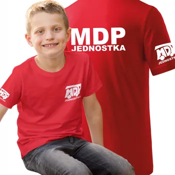 Dětská móda Dětské tričko MDP – Červené s bílým potiskem + Logo na rukávu, velikost 146