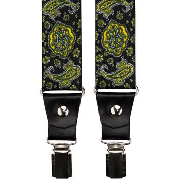 Kšandy Černé pánské široké kšandy s paisley vzorem a pravou černou kůží