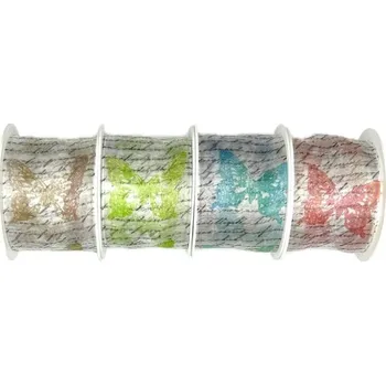 Stuha Sada 4x Stuha organzová Garden Poem - Natural Cream, Pea Green, Turquoise Blue and Soft Rose 40mm x 2m (14,-Kč/m) (28,-Kč/ks) (Stuha organzová, oboustranná, potisk motýli, s vetkaným vlascem v obou okrajích, sada 4ks)