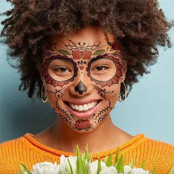 Odstranitelné tetování Třpytivá halloweenská maska s růžemi - nalepovací tetování na obličej