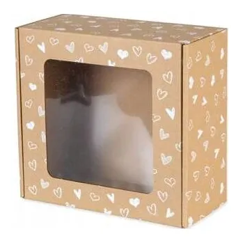 Kraftová Krabička s okénkem 200x200x100mm Srdíčka