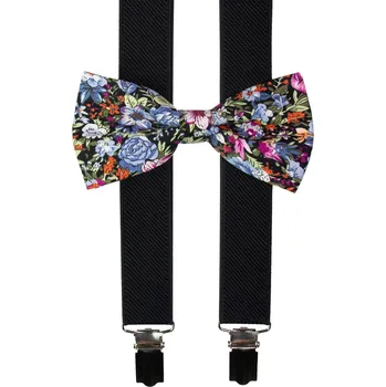 Kšandy Černé pánské kšandy s bavlněným květovaným motýlkem