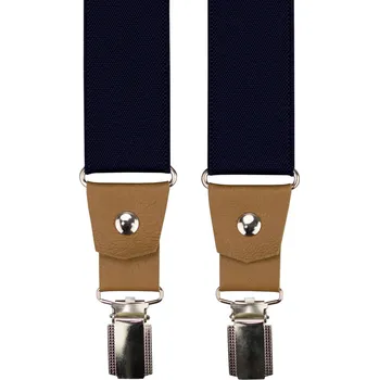 Kšandy Tmavě modré pánské široké kšandy s koňakovou pravou kůží