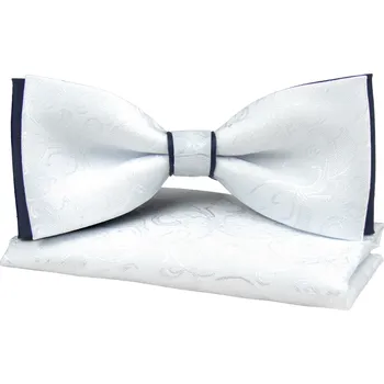 Motýlek Bílo tmavě modrý pánský motýlek s jemným vzorem včetně kapesníčku