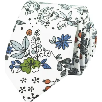 Kravata Bílá pánská bavlněná kravata s šedo zelenými lístky