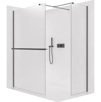 CERANO - Sprchová zástěna Walk-in Onyx T L/P - 8 mm - hranatá vzpěra + polička/držák na ručníky - černá matná, mléčné sklo - 150x30x200 cm