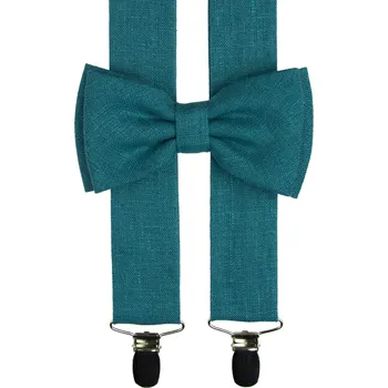 Kšandy Lněné petrolejové kšandy s motýlkem včetně kapesníčku