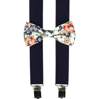 Kšandy Tmavě modré dětské kšandy s bavlněným květovaným motýlkem