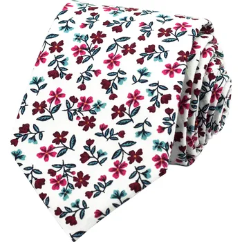 Kravata Bílá pánská bavlněná kravata s vínově růžovými kvítky