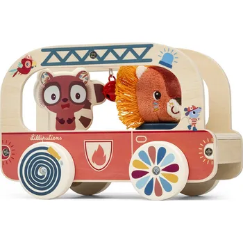 Dřevěná hračka Lilliputiens - dřevěný hasičský vůz - lev Jack