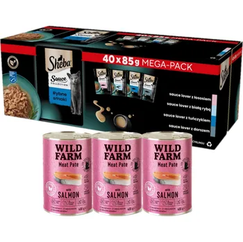Krmivo pro kočku SHEBA Sauce Collection Fish Flavours Sachets 40x85 g - kompletní mokré krmivo pro dospělé kočky, v omáčce + WILD FARM Pate Salmon 3x400g - bezlepkové krmivo pro kočky