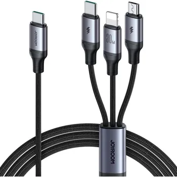 JOYROOM S-A21 3v1 univerzální opletený nabíjecí kabel - USB-C na USB-C / Lightning / micro USB - 1,2 m - černý