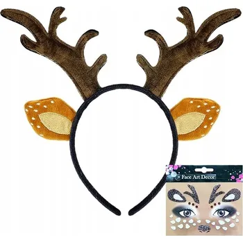 Karnevalový doplněk PLYŠOVÁ ČELENKA SOBÍ PAROHY S BROKATOVÝMI OZDOBAMI NA OBLIČEJ VÁNOČNÍ KARNEVAL