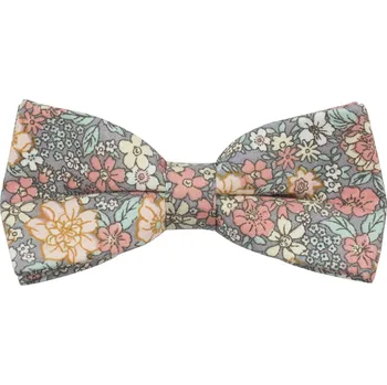 Motýlek Šedo modro béžový dětský bavlněný motýlek s barevnými květy