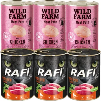 Krmivo pro kočku RAFI Cat Adult s kachnou 3x400g + WILD FARM Pate Chicken 3x400g – bezlepkové krmivo pro kočky