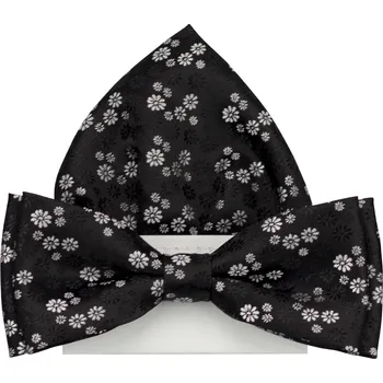 Motýlek Černý pánský motýlek s květy včetně kapesníčku