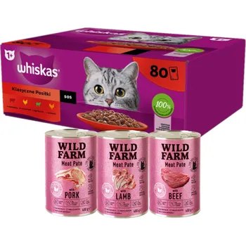 Krmivo pro kočku Whiskas Adult 80 x 85 g Classic Meals - kapsičky pro kočky v omáčce (kousky s: hovězím, kuřecím, jehněčím, drůbežím) + WILD FARM Pate 3x400g
