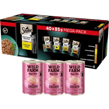 Krmivo pro kočku SHEBA Selection Select Slices Drůbeží příchutě sáčky 40x85g + WILD FARM Pate Chicken 3x400g - bezlepkové krmivo pro kočky