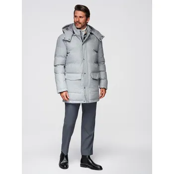 Pánský zimní kabát Hřejivá pánská dlouhá bunda parka s vlnou - světle šedá melanž V3 OM-JALJ-0217 - XXL