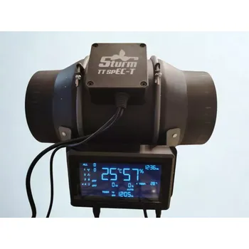 Domácí ventilátor Ventilátor STURM SPEC-T200 802 m3/h, 200mm s digitálním kontrolerem (SPEC-T 200 je ventilátor s EC motorem značky STRUM, nově s digitálním kontrolerem pro automatickou regulaci rychlosti, teploty a vlhkosti v prostoru. Příruba 200mm, průtok vzduchu 803m3/