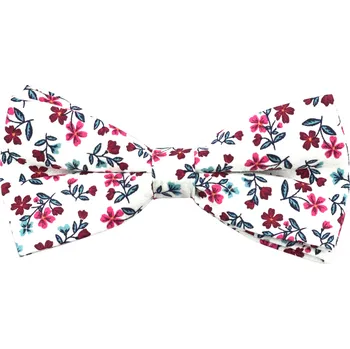 Motýlek Bílý pánský bavlněný motýlek s vínově růžovými kvítky