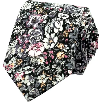 Kravata Černá pánská bavlněná kravata s šedo růžovými květy