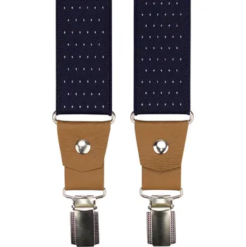 Kšandy Tmavě modré pánské široké kšandy s puntíky a koňakovou pravou kůží