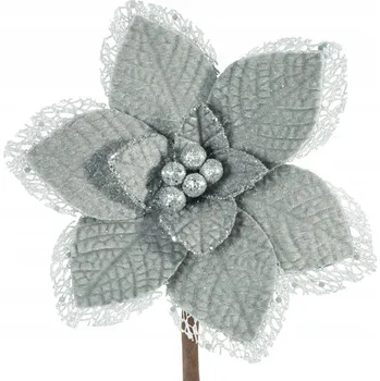 Vánoční dekorace STŘÍBRNÁ KVĚTINA NA VÁNOČNÍ STROMEK S KORÁLKY 20 cm