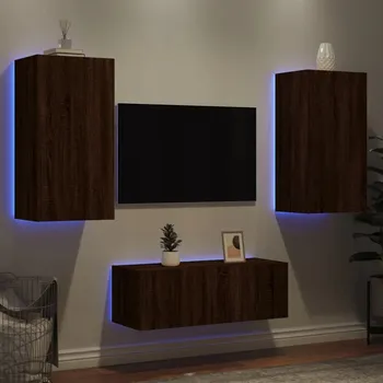 Obývací stěna 4dílná TV sestava s LED osvětlením, hnědý dub