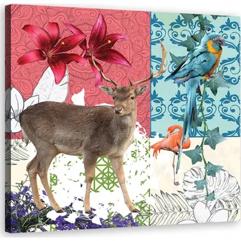 Obraz OBRAZ NA PLÁTNĚ Jelen Papoušek Plameňák koláž 60x60