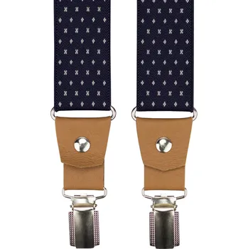 Kšandy Tmavě modré pánské široké kšandy s křížky a pravou koňakovou kůží