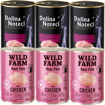 Krmivo pro kočku Dolina Noteci Premium s vysokým obsahem krůtího masa 3x400g + WILD FARM Pate Chicken 3x400g – bezlepkové krmivo pro kočky