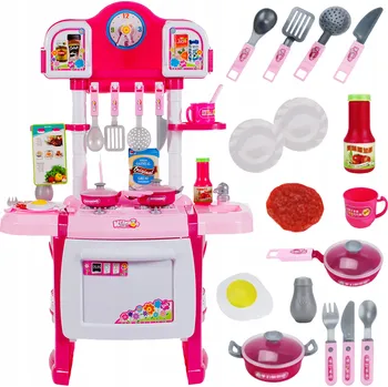 Dětská kuchyňka KUCHYŇKA S HODINAMI PRO DĚTI, SPORÁK, PŘÍSLUŠENSTVÍ, TROUBA, PŘÍBORY, PÁNVE