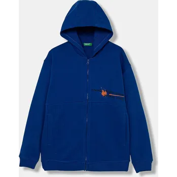 Chlapecká mikina Dětská bavlněná mikina United Colors of Benetton modrá barva, s kapucí, s potiskem, 3J68C505G 3J68C505G.G.seasonal 55X, vel. 170