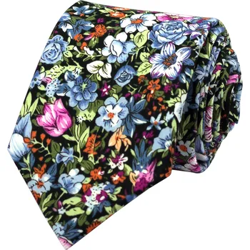 Kravata Černá pánská bavlněná kravata s modro fialovými květy