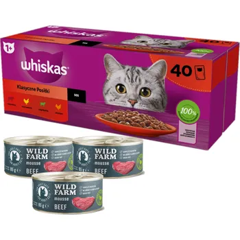 Krmivo pro kočku Whiskas Klasické pokrmy kuře hovězí jehně drůbež ve šťávě 40 x 85g + WILD FARM Mousse Beef 3x85g - pěna pro kočky bez obilovin