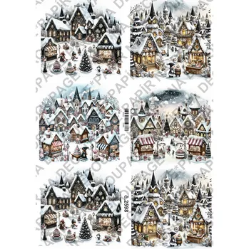 Umělecký papír Rýžový a soft papír na decoupage - Zimní vesnička - KB2598 Materiál: Soft, Rozměr: A4