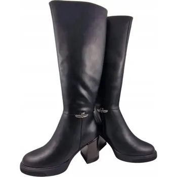 Dámské kozačky Vysoké dámské kozačky na blokovém podpatku, kožené VINCEZA 66826 černé vel. 39