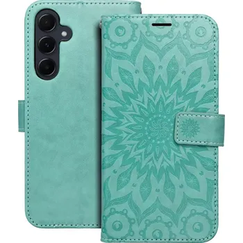 Pouzdro na mobilní telefon MEZZO Book pouzdro Samsung Galaxy A17 – zelená mandala (MEZZO Book flipové pouzdro pro Samsung Galaxy A17 – obal se zeleným motivem mandaly, kapsami a šňůrkou)