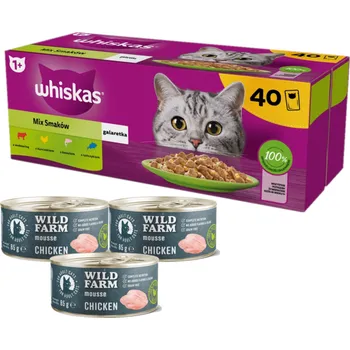 Krmivo pro kočku Whiskas výběrové menu v želé 40 x 85 g + WILD FARM Mousse Chicken 3x85g - pěna pro kočky bez obilovin