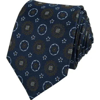 Kravata Tmavě modrá pánská hedvábná kravata s hnědým vzorem