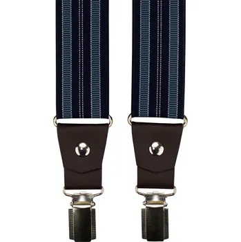 Kšandy Modré pánské široké kšandy s pruhy a tmavě hnědou pravou kůží