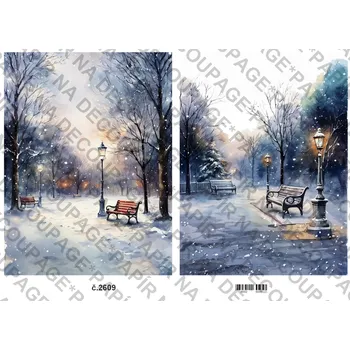 Umělecký papír Rýžový a soft papír na decoupage - Zima v parku - KB2609 Materiál: Rýžový papír, Rozměr: A4