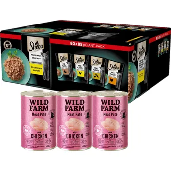 Krmivo pro kočku SHEBA sáčky 80x85g Delicacy Poultry flavours - vlhké krmivo pro kočky v želé, s kachnou, s kuřetem, s drůbeží, s krůtou + WILD FARM Pate Chicken 3x400g - bezlepkové krmivo pro kočky