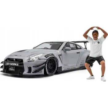 autíčko Nissan GT-R (R35) Liberty Walk - 2024, šedá + Figurka KATO Solido 1:18