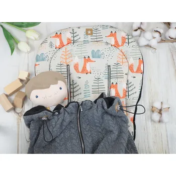 SET Podložka prodloužená (Foxes, sea green fleece) + copánková deka (dark grey, černý fleece)
