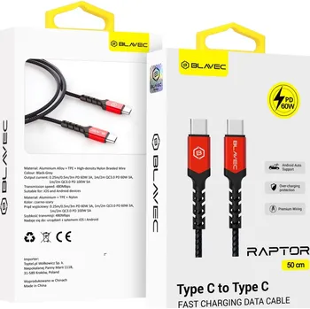 Datový kabel Blavec Raptor Braided - typ C na typ C - PD 60W 3A 0,5m (CRA-CC3BR05) černo-červený