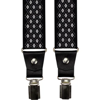 Kšandy Černé pánské široké kšandy se čtverečky a pravou černou kůží