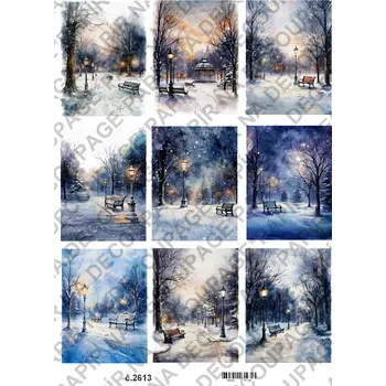 Umělecký papír Rýžový a soft papír na decoupage - Zima v parku - KB2613 Materiál: Soft, Rozměr: A4