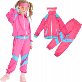 Karnevalový kostým KOSTÝM DISCO TEPLÁKOVKA TEPLÁKY TEPLÁKOVKA 80. LÉTA RETRO DĚTSKÝ RŮŽOVÝ L